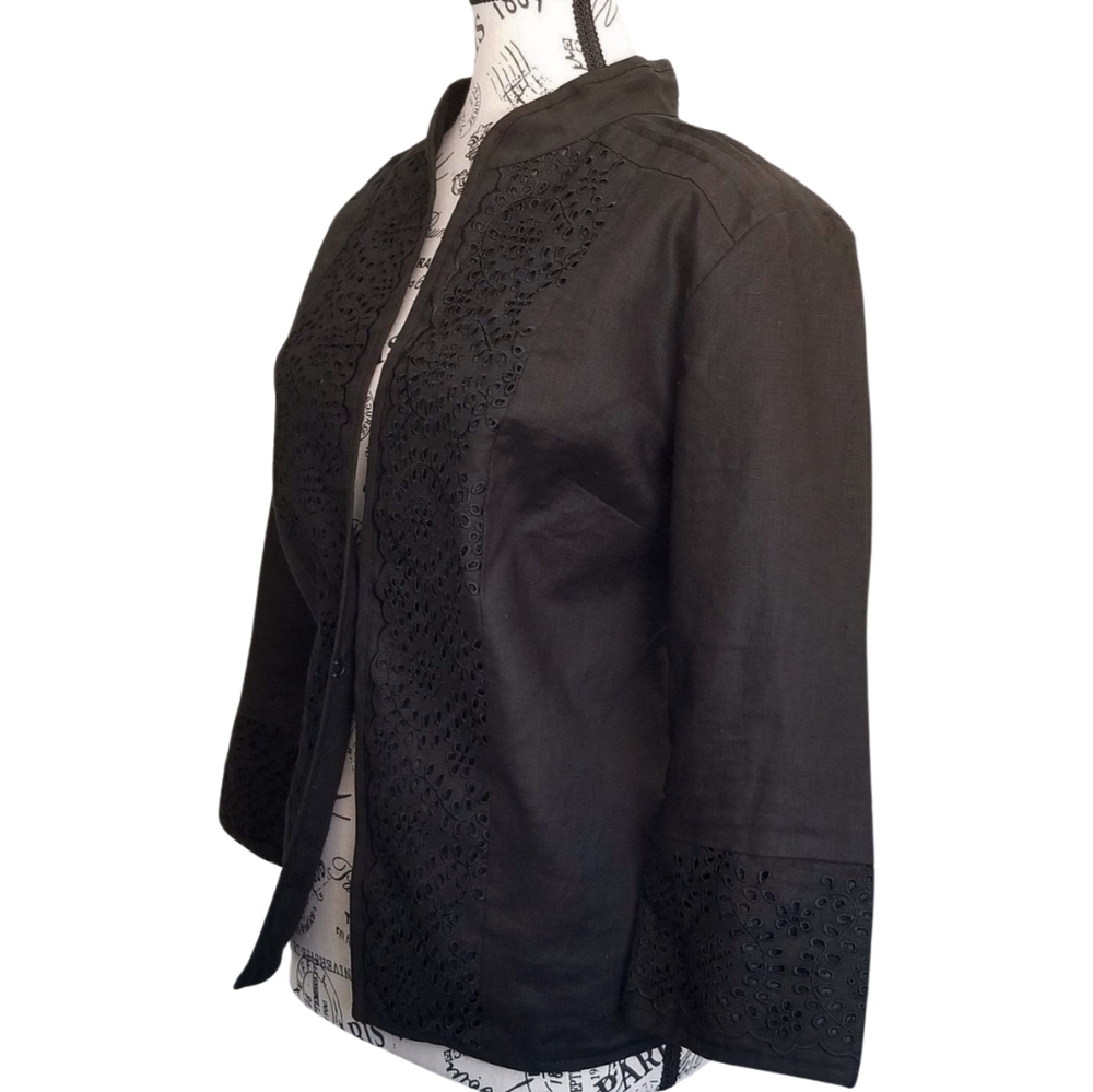 Anne Carson Black Linen Eyelets 3/4 Sleeves Jacket Mandarin Collar Size Large - Picture 6 of 7